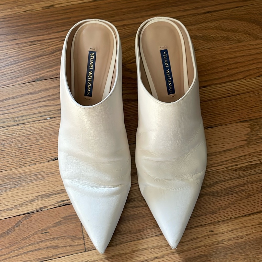 Stuart Weitzman white kitten heel pointy toe mules size 8